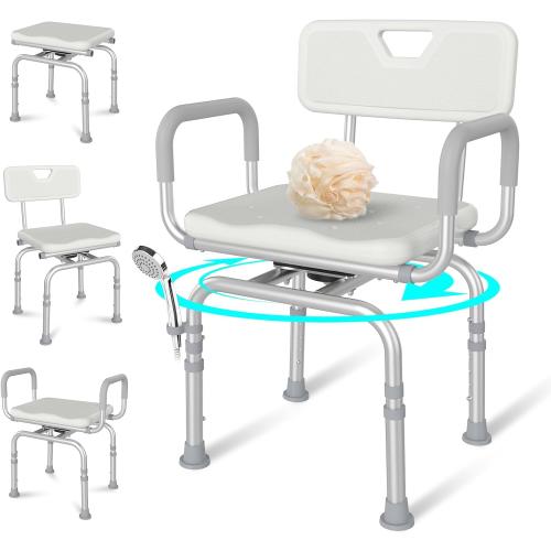 360 Swivel Shower Chair with Back and Arms, 400lbs Heavy Duty Adjustable Bath Chair for Elderly Disabled Bariatric Pregnant, Handicap Shower Seat for Inside Tub