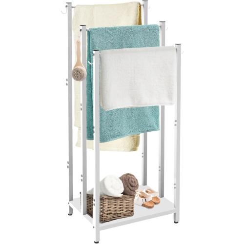44 Inch Tall Free Standing Towel Rack with Metal Storage Shelf & 6 Hooks for Bathroom, 3 Tiers Heavy Duty Blanket Drying Stand Holder for Outdoor Pool, Bedroom, Living Room, White
