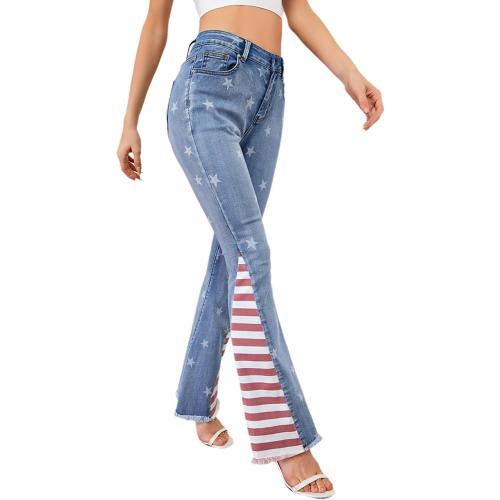 Women's 3XL Ripped American Flag Bell Bottom Jeans High Waisted Frayed Raw Hem Casual Slim Denim Pants