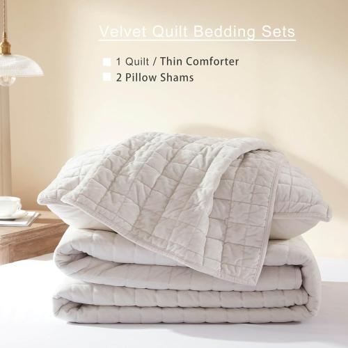 Velvet Quilt Full/Queen Size-90''x98'', Lightweight White Velvet Comforter Set with 2 Pillow Shams, Soft Bedspread Coverlet Quilted Bedding Set for All Season