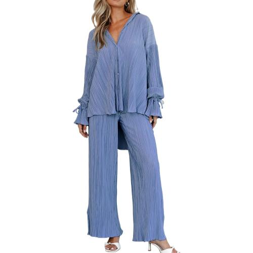 Size L...Wide Leg Pants Sets Women 2 Piece Outfits Casual Long Sleeve Button Down Shirt Linen Pants Outfits Fashion Streetwear (Color : Blue, )