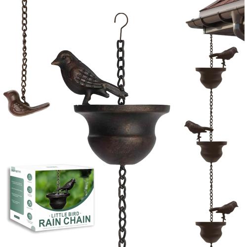 Metal Bird Rain Chain for Gutters, Rust Resistant Outdoor Rain Catcher, Perfect for Heavy Rain, Indoor/Outdoor Decoration, Dark Bronze Finish