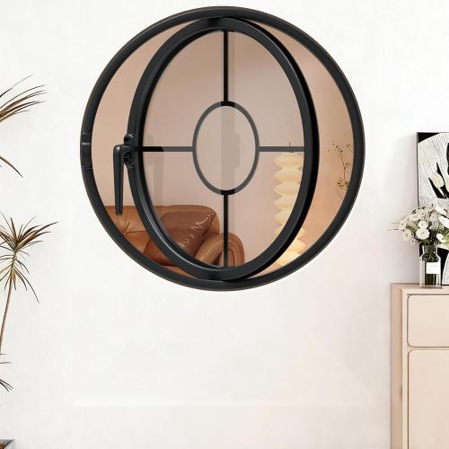 Rotating Round Porthole Window, 27.6, Black | Transparent Tempered Glass, Iron Frame, Center-Pivot with Handle, Decor Ventilation, Indoor Outdoor Use