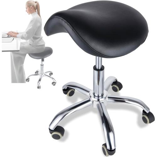 Saddle Stool - Saddle Chair, Adjustable Rolling Saddle Stool with 360° Swivel Wheels, Ergonomic Stool for Hair Stylist Dentist Salon Spa Massage Tattoo Home Office, 300 lbs Weight Capacity (Black)