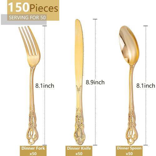 150 Pieces Gold Plastic Silverware - Heavy Duty Gold Disposable Utensils - Fancy Plastic Cutlery Set Includes 50 Forks, 50 Spoons, 50 Knives for Holidays Parties Weddings