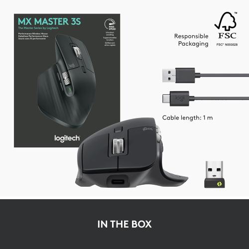 Black Logitech MX Master 3S Wireless Mouse Standard Edition with Logi Bolt USB Receiver, Ultra-fast Scrolling, Ergo, 8K DPI, Track on Glass, Quiet Clicks, USB-C, Bluetooth, Windows, Linux, Chrome - Graphite