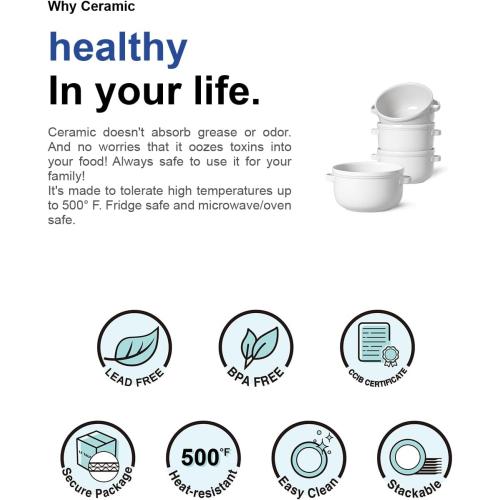 LE TAUCI Soup Bowls With Handles 28 oz, French Onion Soup Bowl for Chili, Beef Stew, Cereal, Ceramic Soup Crocks oven Safe, Microwave Dishwasher Safe - 5.5 inch, Set of 4, White