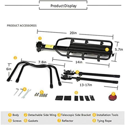 Rear Bike Rack, 110 lbs / 50KGS Bike Cargo Racks Frame Aluminum Alloy Universal Adjustable Cycling Equipment Stand Footstock Bicycle Luggage Carrier with Tools and Reflector for 26-29 Frames