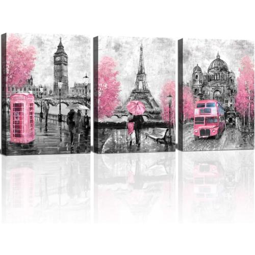 CANVASZON Pink and Gray Paris Wall Art Paris Decor for Bedroom Bathroom Girls Room Wall Decor Paris Pictures Rustic Black and White Print Art for Walls 3 Pieces Ready to Hang