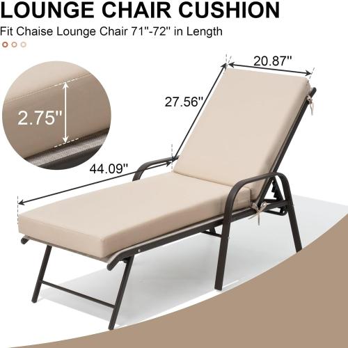 Crestlive Outdoor Chaise Lounge Cushions, 3 Years Fade Resistant Water Resistant Lounge Chair Cushion, 72''L x 21''W, Set of 2, Beige