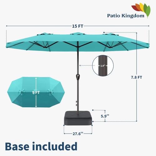Size 15FT Color Dark Blue Double Sided Patio Umbrella with Base Included Large Outdoor Market Umbrella with Crank Handle, UV Resistant Canopy, Sturdy Frame for Garden, Poolside, Deck,