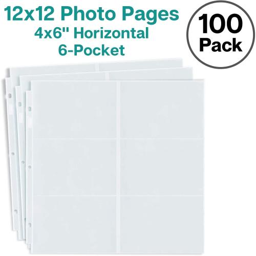 Dunwell 12x12 Scrapbook Page Protectors - 4x6 Photo Album Pages for 3-Ring Binder, (100-Pack, Horizontal Layout), Holds 1200 Pictures, Durable Refill Sleeves, Scrapbooking, Fits Pioneer & WRMK Albums