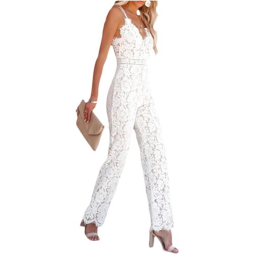 size M...ensswliz Women Elegant Jumpsuit Spaghetti Straps V Neck Solid Color Lace Backless One Piece Wide-leg Jumpsuits Long Playsuit
