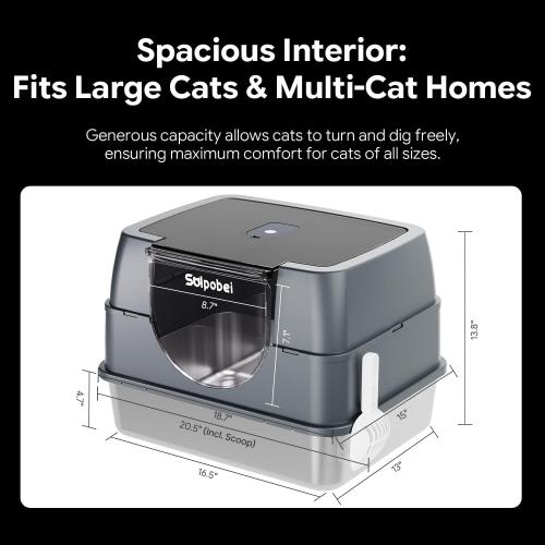 Solpobei Stainless Steel Cat Litter Box, Medium | Small cat pan with lid, 18.7 in length, deep high sided, odor control