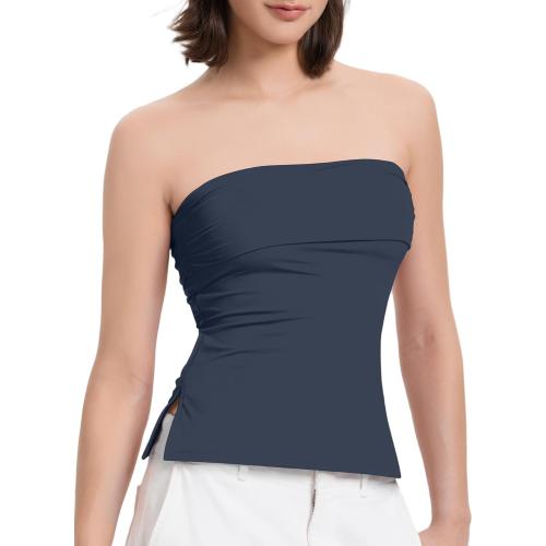 Size M....Women Tube Tops Sexy Double Line Going Out Trendy Strapless Side Split Tank Tops