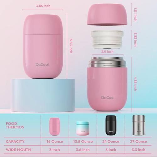 DaCool Insulated Food Jar Food Thermo Kids Thermo for Hot Food 16 oz Stainless Vacuum Bento Lunch Therm for Kids Girls Adult with Spoon Leak Proof for School Office Picnic Travel Outdoors, Pink