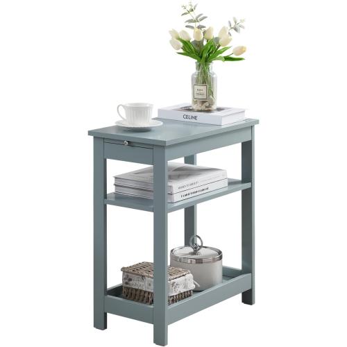 Kings Brand Furniture - Slim Wood Side End Table with Storage Shelves & Pull-Out Tray, Nightstand for Bedroom, Living Room, Ice Blue