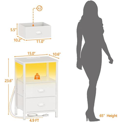 Furologee LED Night Stand with Charging Station, White Nightstand with Fabric Drawers, Bedside Table with Storage Shelf, End Table for Living Room/Bedroom/Dorm