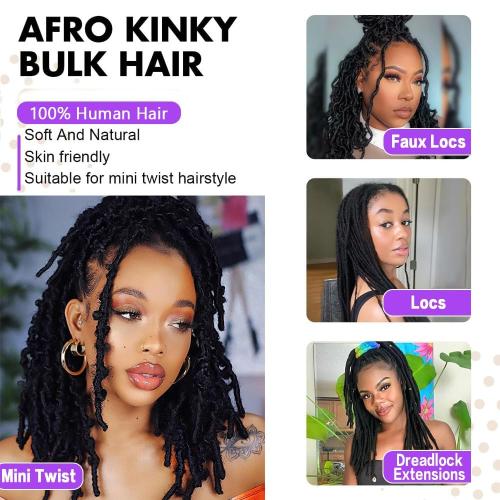 Afro Kinkys Bulk Human Hair for Dreadlocks Extensions and Locs Repair 1 Pack 50 Gram Natural Black Color Afro Kinky Curly Human Hair Bulk for Twist (Black, 14 Inch)