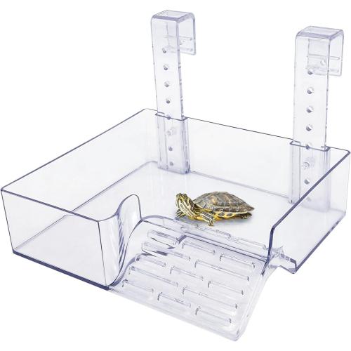 PINVNBY Hanging Turtle Basking Platform Adjustable Floating Turtle Dock with Guardrail and Ramp Acrylic Transparent Basking Platform for Aquatic Turtles Tortoise Tank Accessories Decor (Medium)