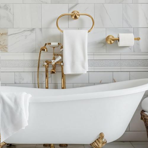 Antique Brass Bathroom Accessories Set, 2 Pcs Solid Brass Toilet Paper Holder and Oval Towel Ring, Wall Mounted Vintage Bath Hardware Kit for Rustic Farmhouse Decor(Oval Ring Straight Bar)