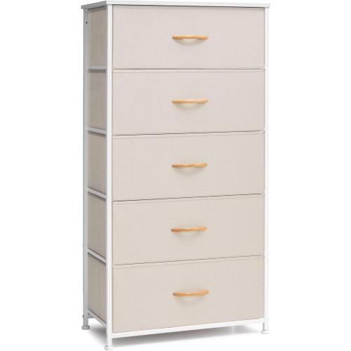 Crestlive Products Vertical Dresser Storage Tower - Sturdy Steel Frame, Wood Top, Easy Pull Fabric Bins - Wide Organizer Unit for Bedroom, Hallway, Entryway, Closets - 5 Drawers(Beige)