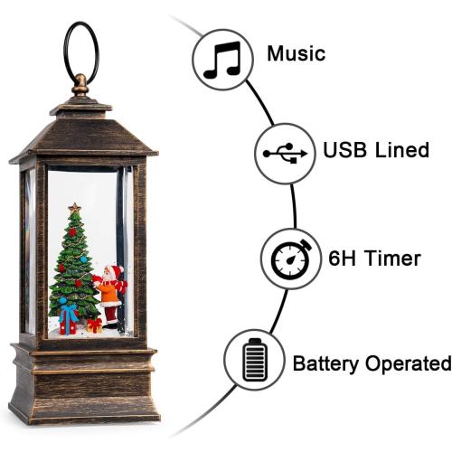 10'' Snow Globe Christmas, Musical Lighted Water Lantern with Swirling Glitter Decoration for Christmas Home, Living Room, Battery Operated or USB Powered (Christmas Tree)
