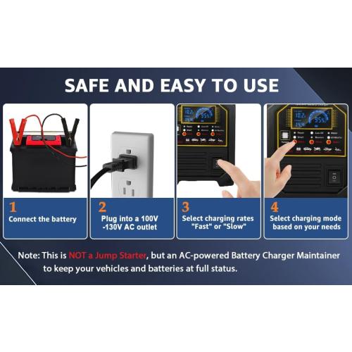 Yellow 12V 24V Car Battery Charger Heavy Duty, 0-15A Automatic Battery Maintainer, Smart Trickle Charger with Auto Shutoffs, Repair, Winter Mode, for Automotive Car Truck Motorcycle RV AGM Deep Cycle