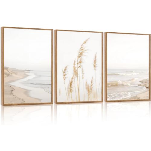 HPNIUB Modern Beach Artwork Seascape Wall Art, Seaside Framed Painting Reed Pathway Picture, Minimalist Neutral Coastal Landscape Wall Decor for Living Room,Bathroom -16'' x24'' x3