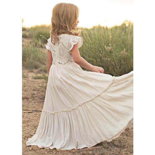 White Boho Toddler Flower Girls Dresses for Wedding Lace Embroidery Bridesmaid Dresses Long Chiffon Party Dresses PT126
