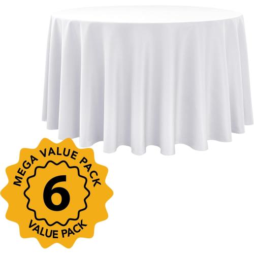6-Pack White Round Tablecloths, 120 Inches, Stain-Resistant Polyester for 5-6 Ft Round Tables - Washable Table Covers for Weddings, Banquets, Birthday, Parties, Events