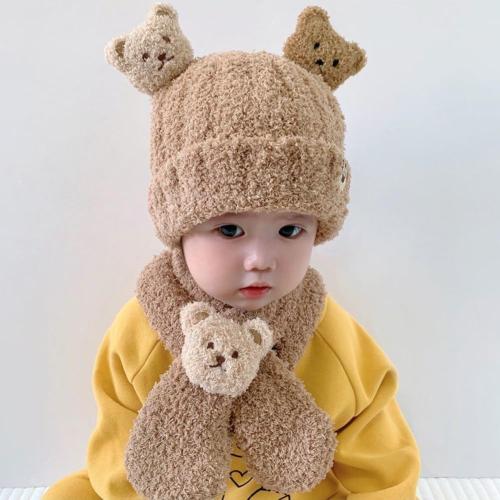 Kids Toddlers Winter Warm Cartoon Plush Hat with Scarf Hoodie Earflap Hat 2 in 1 Set Scarf Shawl Wraps Mittens (Khaki)