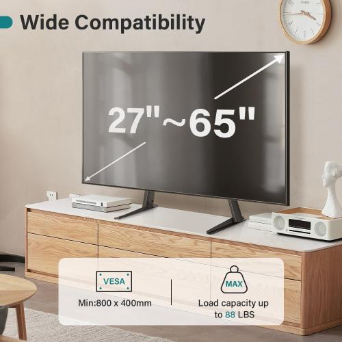 Black Universal TV Stand Tabletop for 27 to 65 inch LCD Flat Screen TV,Max VESA 800 x 400mm, Height Adjustable TV Base Holds up to 88lbs