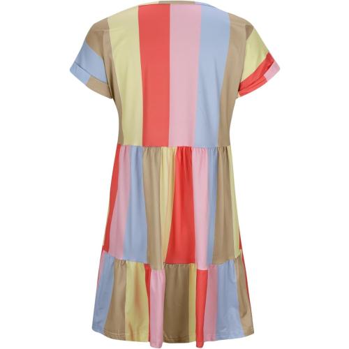 Size XL Color multi Womens Summer Multicolor V Neck Short Sleeves Casual Babydoll Knee-Length Dress Color Block Stripes Tiered Swing Mini Dresses
