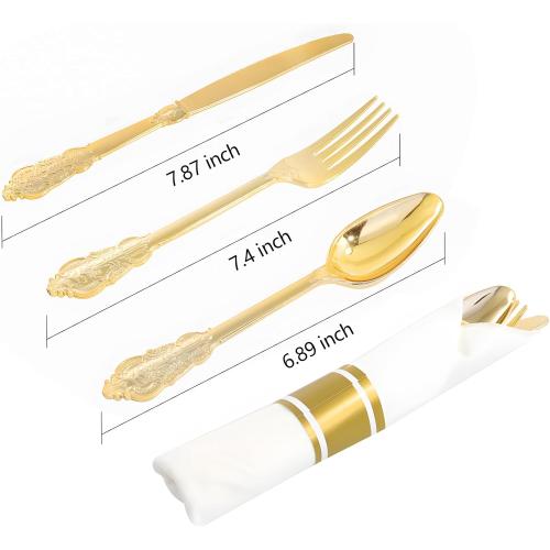 Set of 400PCS Pre Rolled Gold Plastic Silverware Sets - Heavy Duty Fancy Gold Cutlery - Include 100 Pack Wrapped Disposable Utensils with Napkins for Parties, Dinners & Weddings