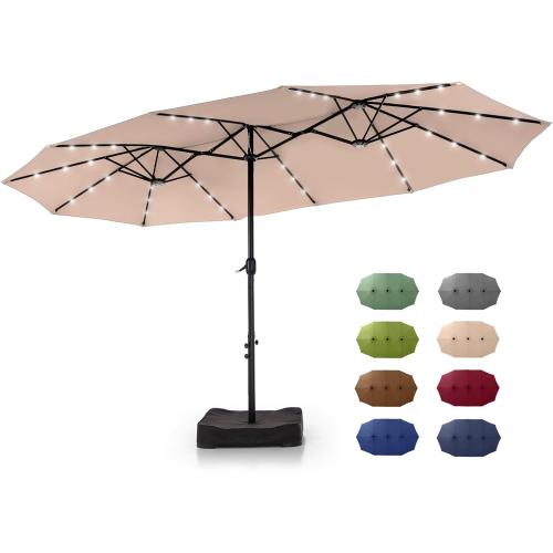 GREEN PARTY 15 ft Rectangle Patio Umbrella with Solar Lights and Base Included, Double-Sided Market Table Umbrella with Crank, Large Outdoor Umbrellas for Patio Poolside Garden Backyard, Beige