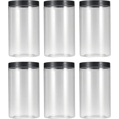 43oz (1280 ml) Clear Plastic Jars with Smooth Black Lids and Labels (6 Pack), Wide Mouth, BPA Free, PET Jars Bulk for Home & Kitchen Pantry Organization and Storage (Black)