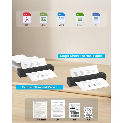 Portable Printer Wireless for Travel, D80 Thermal Printer, Inkless Printers, Compatible with iOS, Android, Laptop, Supports 8.5 x 11 US Letter & A4 & A5 for Home Use, Office, Vehicles, Black