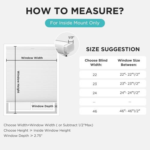 Joydeco No Tools No Drill Blinds for Indoor Windows, Cordless Window Blinds Cellular Shades Top Down Bottom Up Blackout Honeycomb Blinds Thermal Insulated Noise Reduction (White, 43 W x 64 H)
