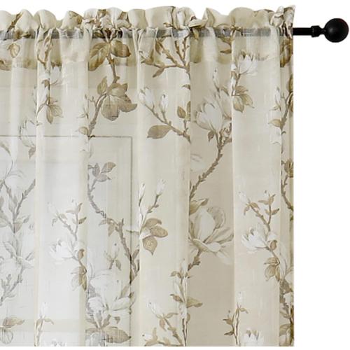 SMILE WEAVER Nature Yellow Sheer Curtains 54 inch Length for Living Room,Light Filtering Curtain 2 Panels,Voile Linen Textured Semi Sheer Floral Curtains for Bedroom/Kitchen Window Drapes