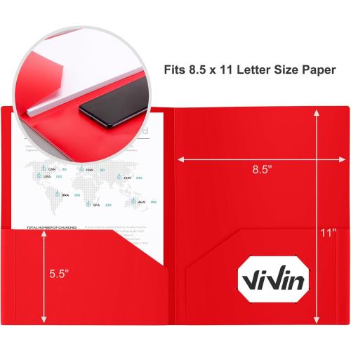 ViVin 60-Pack Red Plastic Folders with Pockets, Two Pocket Folders, Plastic Pocket Folders for School, Office and Home