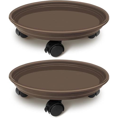 2 Pack of Plant Pallet Caddy with Wheels, Round Flower Pot Mover, Indoor Rolling Planter Dolly on Wheels, Outdoor Planter Trolley Tray Coaster, Brown
