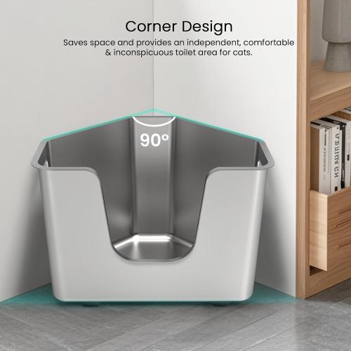 Stainless Steel Corner Cat Litter Box, Metal Litter Box with High Sided, One-piece Corner Cat Toilet, No Assembly Required, Non-Stick, No Odor Kitten Litter Pan, Easy to Clean, for Small Medium Cats