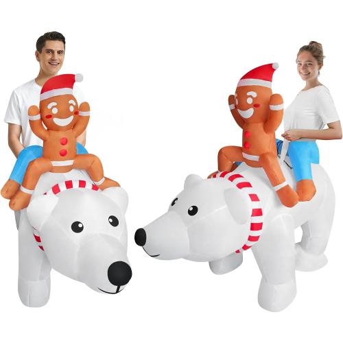 Funny Inflatable Gingerbread Man Riding On Polar Bear Costume Blow-Up Outfit for Adult/Christmas Parade/Halloween