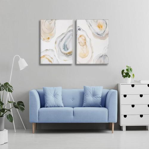 2Pcs Oyster Canvas Wall Art Abstract Coast Wall decor watercolor pictures Minimalist oyster shell prints Beach shell painting artwork for Dining room gallery Home Decoration