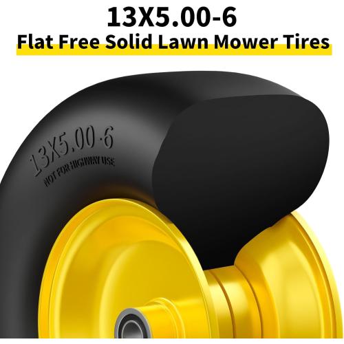 Size 13x5.00-6 Flat Free Lawn Mower Tire and Wheel, 13x5x6 Solid Front Tires for Zero Turn Mower, 500Lbs Load, 3/4 & 5/8 Bearing, 4.2-6.2 Hub for Residential Commercial Lawn, 2Pcs Yellow
