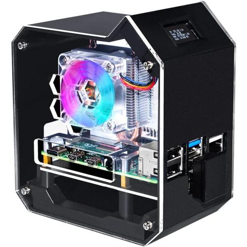 GeeekPi Mini Tower NAS Kit for Raspberry Pi, Pi ICE Tower Cooler with PWM RGB Fan, M.2 SATA SSD Expansion Board, GPIO 1 to 2 Expansion Board for Raspberry Pi 4 Model B