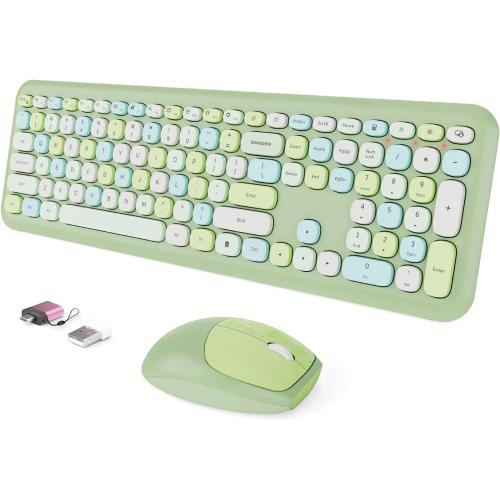 Wireless Keyboard and Mouse Combo, Colorful Ergonomic Full Size Retro Low-Noise Keyboard with Cute keycaps, Compatible with Windows, PC, Perfer for Home and Office Keyboards (Green)