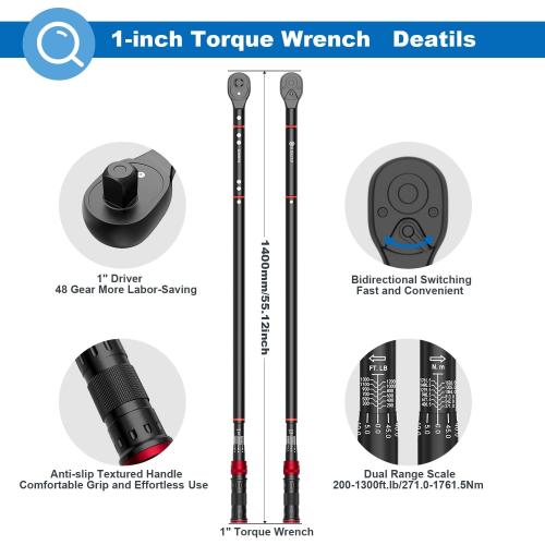 New open box for inspection SUERCUP 1-inch Drive Click Torque Wrench, 200-1300Ft-Lb/271-1761.5Nm, 48 Tooth Dual-Direction Click Torque Wrench with a Hex Key for Wind Turbines, Car andTruck Repair etc