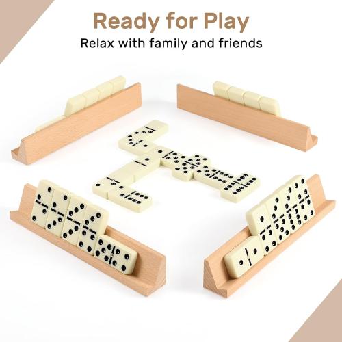 Dominoes Set Adults with 4 Wooden Racks/Trays Double Six Dominoes Travel Set with Portable Case Double 6 Dominoes Set with 4 Tiles Holders 28 Tiles Dominos Set Family Classic Board Games White